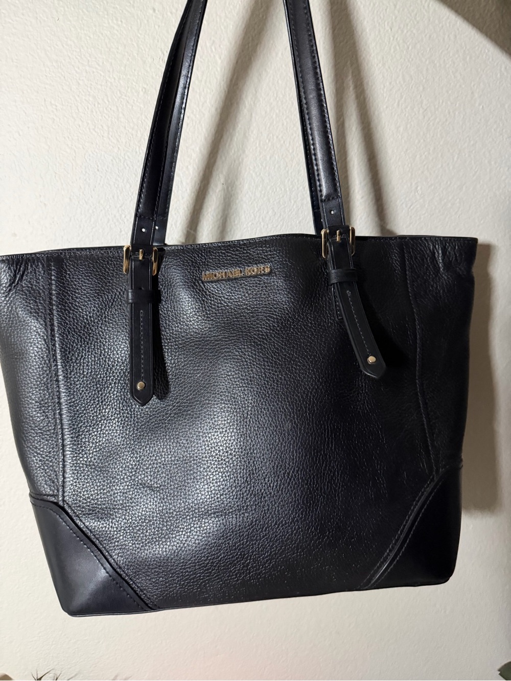 Michael Kors Black Leather Pebbled Tote with Gold Hardware
